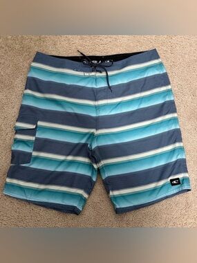O’Neill Men’s Boardshorts Swim Trunks Size 38‎ in Navy & Teal Stripes EUC
